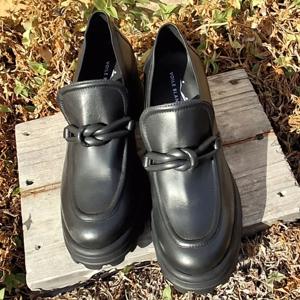 Voile Blanche Carine Black Leather Slip-On Ankle Chunky Loafers Size Women 10.5 - Picture 3 of 16